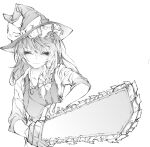  1girl bow braid chainsaw closed_eyes cookie_(touhou) greyscale hair_bow hat hat_bow holding holding_chainsaw kirisame_marisa long_hair manatsu_no_yo_no_inmu monochrome side_braid simple_background single_braid sleeves_rolled_up solo suzu_(cookie) touhou white_background witch_hat yexinhan 