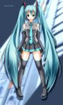  1girl aqua_eyes arms_at_sides ashita_yaru black_skirt black_sleeves black_thighhighs blue_hair blue_necktie boots character_name closed_mouth collared_shirt detached_sleeves frown grey_shirt hatsune_miku headphones legs_apart light_blue_hair long_hair long_sleeves microphone miniskirt necktie number_tattoo pleated_skirt shirt shoulder_tattoo skirt solo standing straight-on tattoo thigh-highs thigh_boots very_long_hair vocaloid 