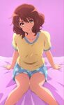  1girl arm_support breasts brown_eyes brown_hair closed_mouth collar drawstring hibike!_euphonium highres looking_at_viewer oumae_kumiko pink_background polka_dot polka_dot_shorts pout sheet_grab shirt short_hair shorts sitting small_breasts solo thighs usagihop watermark wavy_hair yellow_shirt 