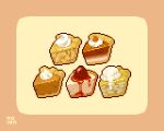  artist_name border cake cake_slice cheesecake commentary english_commentary food food_focus fruit highres no_humans noion original pixel_art pumpkin_pie simple_background strawberry yellow_background 