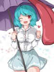  1girl blue_hair breasts heart heart-shaped_pupils highres holding huyusilver large_breasts long_sleeves looking_at_viewer one_eye_closed purple_umbrella red_eyes shirt short_hair solo symbol-shaped_pupils tatara_kogasa touhou umbrella white_background white_shirt 