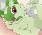  animal_ears cat_ears cat_tail green_fur looking_at_viewer lying on_side one_eye_closed open_mouth pawpads pokemon pokemon_(creature) rumine_(yoshi1234567) sprigatito tail 
