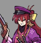  closed_eyes grey_background gun handgun hat holding holding_gun holding_weapon japanese_clothes kaibootsu kimono kotohime_(touhou) lowres pink_kimono police_hat redhead smile sword tagme touhou touhou_(pc-98) weapon 