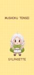  1girl aria_404 brown_footwear capelet character_name chibi copyright_name dress elf full_body green_capelet highres looking_at_viewer medium_hair mushoku_tensei orange_eyes outstretched_arms pointy_ears solo standing sylphiette_(mushoku_tensei) white_dress white_hair 