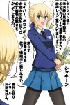  +_+ 2girls ahoge alternate_costume artoria_pendragon_(fate) black_necktie black_pantyhose blue_ribbon blue_skirt blue_sweater braid commentary cowboy_shot crossover darjeeling_(girls_und_panzer) dress_shirt emblem excalibur_(fate/stay_night) fate/stay_night fate_(series) french_braid girls_und_panzer hair_ribbon highres holding holding_sword holding_weapon long_sleeves looking_at_another miniskirt motion_lines multiple_girls necktie omachi_(slabco) pantyhose pleated_skirt ribbon saber school_uniform shirt short_hair skirt sparkle st._gloriana&#039;s_(emblem) st._gloriana&#039;s_school_uniform standing sweater sword translated v-neck weapon white_shirt wing_collar 