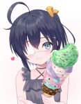  1girl ahoge alternate_costume bare_shoulders black_hair blush chuunibyou_demo_koi_ga_shitai! collarbone eating eyepatch flat_chest food green_eyes hair_ribbon heart highres holding holding_food holding_ice_cream ice_cream ice_cream_cone ribbon shikkoku_no_hono_mikado short_hair simple_background smile solo takanashi_rikka upper_body white_background yellow_ribbon 