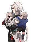  1boy 2girls aged_down animal_ears arlecchino_(genshin_impact) black_eyes black_hair blonde_hair blush brother_and_sister carrying carrying_person cat_ears cat_girl cat_tail child facing_to_the_side genshin_impact highres long_hair looking_at_another looking_at_viewer low_ponytail lynette_(genshin_impact) lyney_(genshin_impact) multicolored_eyes multicolored_hair multiple_girls one_eye_closed red_eyes satorigame siblings symbol-shaped_pupils tail twins violet_eyes white_background white_hair x-shaped_pupils 