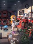  1girl absurdres air_conditioner analog_clock bench blurry blurry_foreground bottle box braid cardboard_box ceiling_light clock clothes_dryer colored_sclera commentary_request detergent highres holding indoors inkling inkling_girl jellyfish_(splatoon) laundromat laundry laundry_basket laundry_cart long_hair no_smoking okaranko open_mouth orange_eyes orange_hair paper pink_footwear plant pointy_ears print_shirt red_eyes redhead rug salmon_run_(splatoon) salmonid sandals scenery shadow shirt short_sleeves side_braid sigh single_braid smallfry_(splatoon) splatoon_(series) splatoon_3 spray_bottle standing stool sweatdrop t-shirt tentacle_hair tile_floor tiles toes towel wall_clock washing_machine water_bottle white_shirt yellow_sclera 