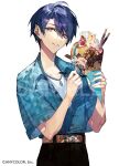  1boy belt belt_buckle black_pants blue_hair blue_jacket brown_belt buckle cake cake_slice chain_necklace cherry chocolate copyright cowboy_shot dark_blue_hair food fruit hair_between_eyes harusaki_air holding holding_food holding_ice_cream holding_spoon ice_cream ice_cream_cone jacket jewelry looking_at_viewer mole mole_under_eye mura_karuki necklace nijisanji official_art pants parted_lips partially_unbuttoned pocky pudding sample_watermark shirt short_hair short_sleeves simple_background smile solo spoon sprinkles strawberry strawberry_shortcake violet_eyes virtual_youtuber whipped_cream white_background white_shirt 