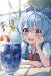  1girl absurdres ahoge blue_bow blue_dress blue_eyes blue_hair blush bow cirno collared_shirt commentary cream_soda dress drink fairy food hair_between_eyes hair_bow highres ice ice_wings open_mouth shirt short_hair short_sleeves smile solo touhou wheat_retzel white_shirt wings 