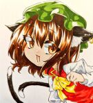  1girl :d animal_ear_fluff animal_ears baketanundk bow bowtie brown_eyes brown_hair cat_ears cat_tail chen earrings ears_down fang flat_chest gold_trim green_headwear hair_between_eyes hand_up hat jewelry leaning_forward long_sleeves looking_at_viewer looking_to_the_side mob_cap multiple_tails nekomata open_mouth red_vest short_hair simple_background single_earring skin_fang slit_pupils smile solo tail touhou traditional_media two_tails upper_body vest white_background yellow_bow yellow_bowtie 