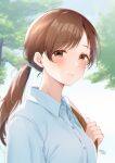  1girl absurdres blue_shirt blush breasts brown_eyes brown_hair gen_(enji) highres idolmaster idolmaster_cinderella_girls light_smile looking_at_viewer medium_breasts nitta_minami outdoors ponytail shirt solo upper_body 