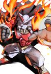  1other clenched_hand digimon digimon_(creature) fire grey_pants highres horns looking_at_viewer male_focus marsmon muscular muscular_male pants ryo@ single_horn solo standing tusks 