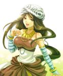  1girl artist_request black_hair breasts detached_sleeves gensou_suikoden gensou_suikoden_tierkreis long_hair looking_at_viewer open_mouth simple_background sisuca_(suikoden) smile solo white_background 