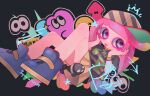  1girl absurdres black_shirt blue_footwear dark_background harmony&#039;s_clownfish_(splatoon) harmony_(splatoon) hat highres iguana152588 pink_hair pleated_skirt shirt short_sleeves signature skirt splatoon_(series) splatoon_3 striped striped_headwear tentacle_hair tongue tongue_out yellow_skirt 