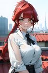  ai-generated aimerforsky breasts copyright_request highres image_sample large_breasts redhead rooftop_girl shirt white_shirt yellow_eyes 