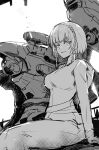  1girl 1other armored_core armored_core_6 ayre_(armored_core_6) braid dress highres las91214 looking_at_viewer mecha robot science_fiction short_hair sitting smile twin_braids white_dress white_hair 