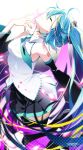  1girl aqua_eyes aqua_hair aqua_necktie bare_shoulders black_sleeves blush breasts closed_eyes commentary detached_sleeves hatsune_miku highres long_hair medium_breasts necktie petals smile solo symbol-only_commentary thigh-highs tochi_keisuke twintails very_long_hair vocaloid 