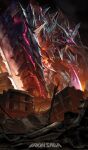  belial_(iron_saga) building cinders copyright_name extra_eyes fire glowing glowing_eyes highres iron_saga mecha monster no_humans official_art robot ruins scenery smoke 