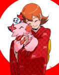  1girl 1other beak bird circle closed_eyes digimon flower happy hug japanese_clothes kimono orange_hair piyomon rayanawolfer red_kimono short_hair signature simple_background smile takenouchi_sora 