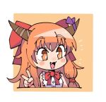  1girl :3 blush bow bowtie brown_horns commentary cookie_(touhou) fang hair_bow horn_ornament horn_ribbon horns ibuki_suika long_hair looking_afar medium_bangs notice_lines open_mouth orange_background orange_eyes orange_hair purple_ribbon red_bow red_bowtie ribbon shirt sidelocks simple_background sleeveless sleeveless_shirt smile sn_(zigzagspark6) solo touhou two-tone_background upper_body v white_background white_shirt yamin_(cookie) 
