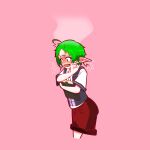  1girl ahoge alternate_costume blush book elf embarrassed full-face_blush green_hair head_steam highres holding holding_book mushoku_tensei pink_background pointy_ears red_eyes red_shorts shirt short_hair shorts simple_background solo sylphiette_(mushoku_tensei) timushokutensei vest white_shirt 