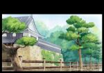  absurdres architecture building east_asian_architecture fence forest highres moss nature no_humans original plant scenery stone_wall sunrise_arte tree wall wooden_fence 