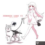  1girl 621_(armored_core_6) absurdres albino animalization armored_core armored_core_6 ayre_(armored_core_6) bandages bandages_over_eyes barefoot blindfold character_name collar dog dress el_elys english_text highres holding holding_leash leash long_hair red_eyes white_background white_dress white_hair 