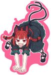  1girl absurdres animal_ears black_footwear blush_stickers braid cat_ears cat_tail dress extra_ears fangs green_dress highres kaenbyou_rin kame_(kamepan44231) long_hair looking_at_viewer multiple_tails open_mouth red_eyes redhead shoes short_sleeves simple_background smile solo tail touhou twin_braids two_tails white_background 