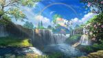  absurdres blue_sky building bush castle clouds cloudy_sky flower forest grass highres meron_2770 mountain nature no_humans orange_flower original palm_tree pink_flower rainbow rainforest river ruins scenery sky tower tree water waterfall 