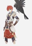  1boy adol_christin ahoge animal bird black_tea_63 brown_eyes crow detached_sleeves double-parted_bangs hair_between_eyes hand_on_own_hip highres jewelry looking_at_viewer male_focus necklace redhead shorts simple_background smile solo white_background ys ys_x_nordics 