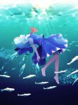  1girl absurdres air_bubble animal barefoot blue_bow blue_hair blue_skirt blue_vest bow bubble cirno closed_eyes collared_shirt detached_wings fairy feet fish hair_bow highres ice ice_wings shirt short_hair short_sleeves skirt solo toes touhou underwater vest white_shirt wings wrainman 