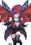  absurdres alternate_costume bare_shoulders blue_eyes blush closed_mouth collared_shirt commission fairy fairy_wings fire_emblem fire_emblem_heroes flower gloves hair_flower hair_ornament hair_over_one_eye hair_vines highres ioneare looking_at_viewer purple_hair red_brooch second-party_source shirt solo thigh-highs triandra_(fire_emblem) white_gloves wings 