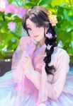  1girl absurdres blurry blurry_background blush braid brown_hair flower hair_flower hair_ornament hanbok highres i_ly korean_clothes long_sleeves looking_at_viewer original outdoors parted_bangs parted_lips smile solo 