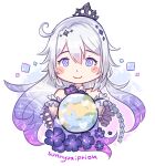  1girl ahoge black_flower chibi closed_mouth crown earth_(planet) english_commentary flower gradient_hair hair_between_eyes high_ponytail honkai_(series) honkai_impact_3rd kiana_kaslana kiana_kaslana_(herrscher_of_finality) long_hair looking_at_viewer multicolored_hair open_hands planet ponytail simple_background solo star-shaped_pupils star_(symbol) sunnyvaiprion symbol-shaped_pupils twitter_username white_background white_hair 