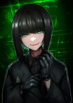  1girl allmind_(armored_core_6) armored_core armored_core_6 black_gloves black_hair black_suit darenenzinia evil_smile gloves glowing glowing_eyes green_background green_eyes highres jacket looking_at_viewer short_hair smile solo suit 