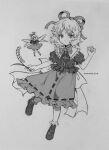  2girls absurdres bow bowtie flower full_body greyscale hair_ribbon highres holding holding_flower kamenozoki_momomo lily_of_the_valley mechanical_pencil medicine_melancholy monochrome multiple_girls one-hour_drawing_challenge pencil ribbon ribbon-trimmed_skirt ribbon_trim shoes short_hair signature skirt su-san touhou traditional_media 