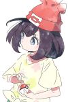  1girl beanie black_hair commentary_request hat holding holding_poke_ball ixy looking_to_the_side poke_ball poke_ball_(basic) pokemon pokemon_(game) pokemon_sm red_headwear selene_(pokemon) shirt short_hair simple_background solo tied_shirt white_background yellow_shirt 