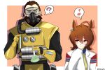  1boy 1girl ? absurdres agnes_tachyon_(umamusume) ahoge animal_ears apex_legends canister caustic_(apex_legends) commentary crossover earrings eighth_note erlenmeyer_flask flask gas_mask gloves hazmat_suit height_difference highres holding holding_flask holding_test_tube horse_ears horse_girl jewelry lab_coat long_sleeves mask masteragatha medium_hair musical_note outside_border pink_background single_earring sleeves_past_fingers sleeves_past_wrists spoken_musical_note spoken_question_mark test_tube trait_connection twitter_username umamusume upper_body yellow_gloves 