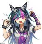  1girl :d artist_name black_hair black_sailor_collar black_shirt bracelet breasts chifurin claw_pose collarbone danganronpa_(series) danganronpa_2:_goodbye_despair fang green_hair grey_hair hair_horns hands_up highres jewelry large_breasts long_hair mioda_ibuki nail_polish neckerchief pink_eyes pink_hair pink_neckerchief sailor_collar scrunchie shirt short_sleeves simple_background smile solo upper_body white_shirt wrist_scrunchie 