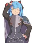  1girl animal_ears armor blue_background blue_hair bob_cut breastplate cape cat_hair_ornament chiharu_(9654784) eiyuu_densetsu fake_animal_ears hair_ornament hand_on_own_hip highres looking_at_viewer looking_down one_eye_closed sen_no_kiseki shield shoulder_guard sidelocks simple_background skirt smile solo tio_plato white_background zero_no_kiseki 