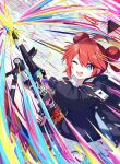  1girl ahoge black_jacket blue_archive blue_eyes double_bun firing general_dynamics_lwmmg gun hair_bun halo highres holding holding_gun holding_weapon jacket looking_at_viewer machine_gun maki_(blue_archive) makolas97 one_eye_closed open_mouth redhead shirt smile solo upper_body weapon white_shirt 