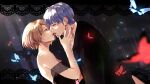  1girl absurdres bare_shoulders black_jacket blue_hair breasts brown_hair bug butterfly commentary commission curtains dress hetero highres imminent_kiss jacket kaito_(vocaloid) medium_breasts meiko_(vocaloid) off-shoulder_dress off_shoulder short_hair solo vocaloid yen-mi 