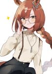  1girl absurdres animal_ears blush braid brown_hair glasses green_eyes highres horse_ears horse_girl horse_tail ikuno_dictus_(umamusume) jewelry long_hair long_sleeves looking_at_viewer necklace open_mouth round_eyewear shirt simple_background single_braid smile solo sparkle tail umamusume usukawa_(uskw_sr) very_long_hair white_background white_shirt 
