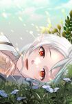  1girl clouds day elf flower hand_up kasakasako looking_at_viewer lying mushoku_tensei on_side open_mouth outdoors pointy_ears red_eyes short_hair sky solo sylphiette_(mushoku_tensei) white_hair 