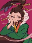  1boy ace_attorney arm_support brown_eyes brown_hair closed_mouth commentary_request elbows_on_table green_kimono hair_bun hair_ornament hair_stick hand_fan hand_on_own_cheek hand_on_own_face hand_up head_rest high_collar high_ponytail highres holding holding_fan japanese_clothes kimono long_sleeves looking_at_viewer nono_(norabi) phoenix_wright:_ace_attorney_-_spirit_of_justice pink_background sitting smile smoke solo twitter_username uendo_toneido upper_body wide_sleeves 