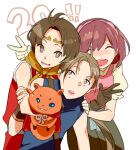  1girl 3boys brown_hair cape circlet closed_eyes closed_mouth gensou_suikoden gensou_suikoden_ii gloves hairband jowy_atreides-blight looking_at_viewer mukumuku multiple_boys nanami_(suikoden) no_pupils open_mouth rakuchii_(rurituvo) riou_(suikoden) shirt short_hair simple_background smile white_background 