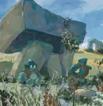  boulder day flower golett grass highres no_humans outdoors plant pokemon pokemon_(creature) rock sakusakufugashi scenery sitting sky standing yellow_eyes 