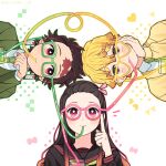  1girl 2boys :3 agatsuma_zenitsu black_hair black_shirt blonde_hair brown_eyes drinking drinking_straw earrings forehead green_jacket green_neckerchief green_necktie hair_ribbon highres jacket jewelry kamado_nezuko kamado_tanjirou kimetsu_gakuen kimetsu_no_yaiba long_hair long_sleeves multiple_boys neckerchief necktie pink_eyes pink_ribbon red_eyes ribbon scar scar_on_face scar_on_forehead school_uniform shimya shirt short_hair smile yellow_shirt 