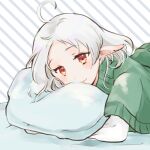  1girl ahoge capelet elf green_capelet hugging_object kasakasako looking_at_viewer lying mushoku_tensei on_stomach pillow pillow_hug pointy_ears red_eyes short_hair solo sylphiette_(mushoku_tensei) white_hair 